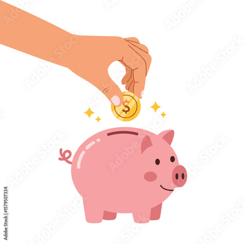 Human hand dropping gold coin into pink piggy bank, concept of savings and financial planning, flat colorful vector illustration, white background