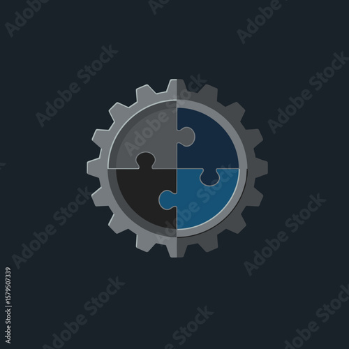 Mechanical cog meshing into puzzle piece, sharp and precise, flat vector illustration with industrial color palette, symbolizing smart engineering and problem-solving 
