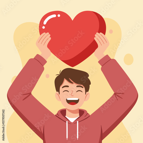 Person with raised arms holding a heart above their head, joyful gesture in warm colors, flat modern vector illustration