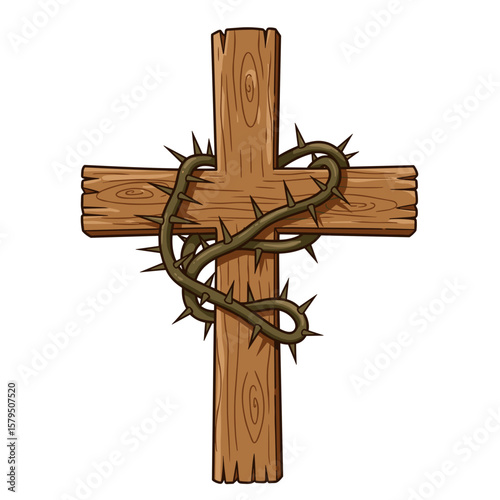 Vector illustration of a wooden cross with crown of thorns in realistic flat style, earthy tones on white background, symbol of sacrifice and Christian faith