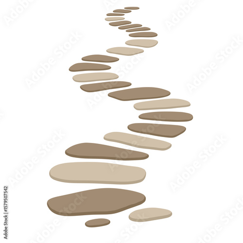 Vector illustration of flat garden path stones in a winding line, soft shadows and earth-tone color palette on clean white background, minimalist landscaping element