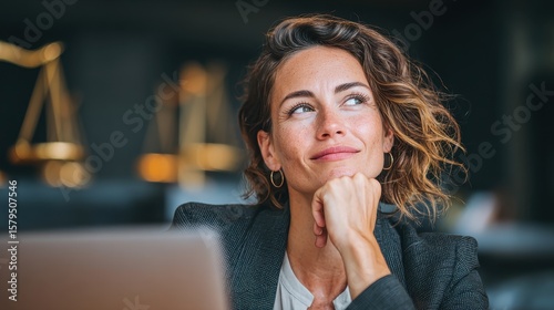 Business woman, laptop and legal research in office while thinking and preparing case or drafting will. Attorney, female person and advocate at law firm for court review