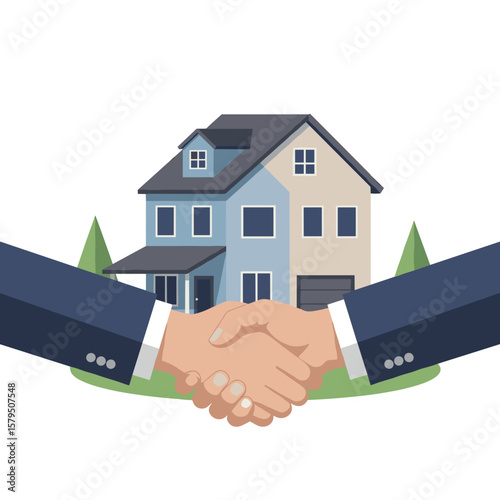 Two hands shaking in front of a house, friendly real estate agreement concept, flat modern style with soft blue, gray, and beige palette, white background