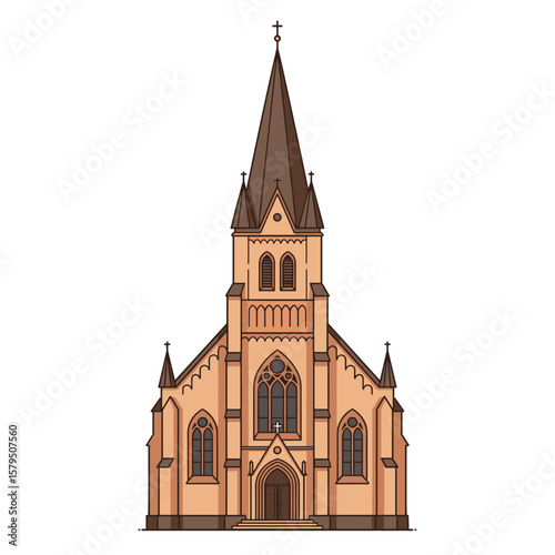 Classic European church with tall steeple and arched windows, frontal view in flat vector style with soft earth tones, isolated on white background