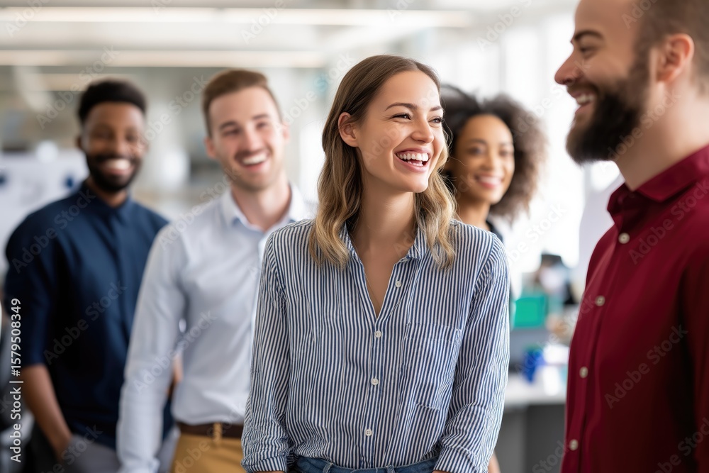 Obraz premium Diverse team laughing in modern office – teamwork and corporate culture concept for business and HR visuals