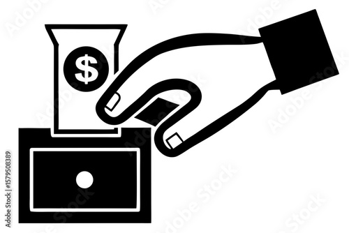 Hand inserting money in atm machine silhouette vector illustration