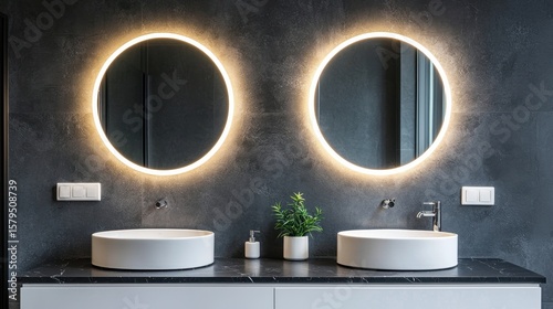 Modern bathroom with elegant round mirrors and minimalistic design features in a stylish setting