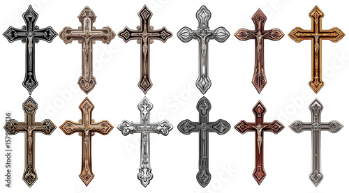 Set of metal crosses in various colors and styles, isolated on a transparent background. High-resolution cutout PNG vector file with detailed design, ideal for religious or decorative use