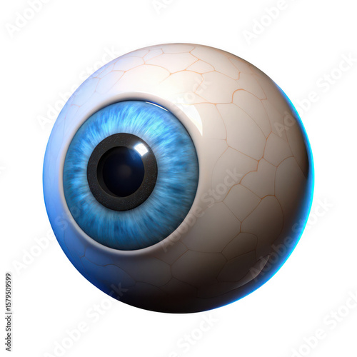 Detailed 3D realistic blue human eyeball with intricate veins isolated on transparent background
