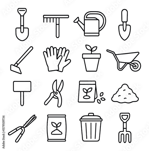 Garden tools icon collection, gardening and landscaping symbols. essential tool set