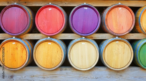 Colorful wooden barrels lined against a rustic wall in a vineyard or winery setting