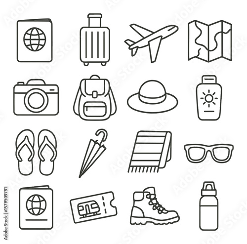 Travel essentials icon collection, journey and adventure symbols for vacation planning