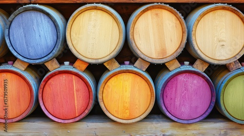 Colorful wooden barrels lined up on a rustic wooden wall in an outdoor vineyard during the sunny afternoon