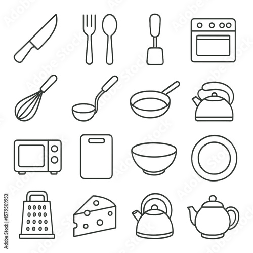 Kitchen icon collection, cooking and culinary symbols. home cooking essentials set