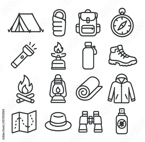 Camping icon collection, essential outdoor symbols. hiking and adventure pack