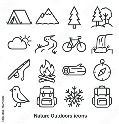 Nature and outdoors collection, adventure and camping icons. explore the wilderness set