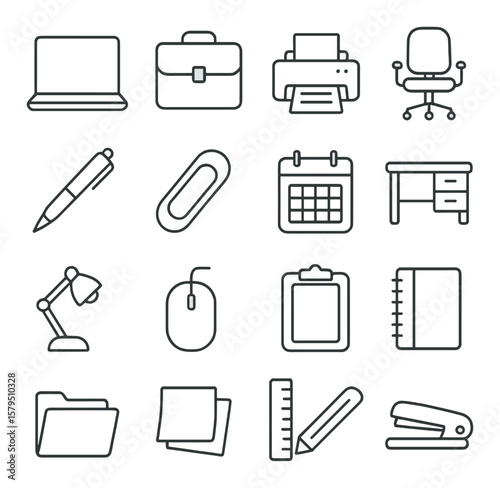 Office icon collection, workplace design essentials. desk and stationery symbols set