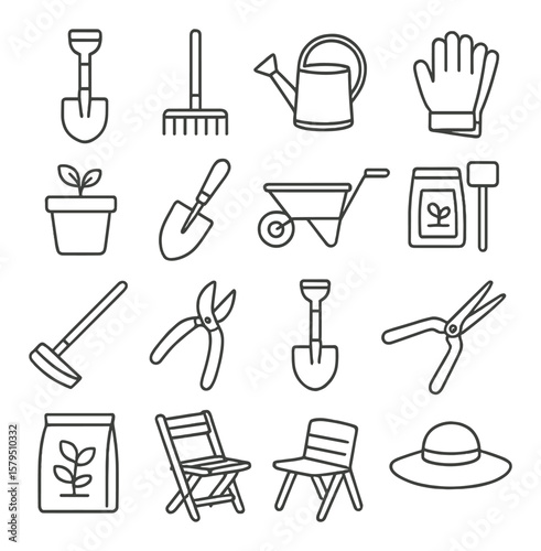 Garden tool icon collection: horticulture symbols, gardening and plant care icons