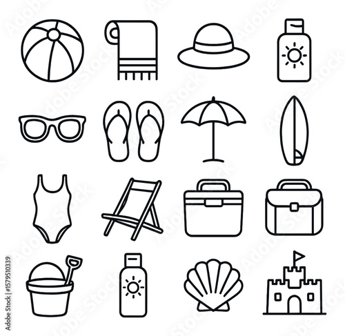 Beach essentials collection, summer holiday icons. seaside and vacation items set
