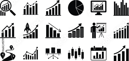 Simple set of business graphs and charts related vector icons. A business graph with arrow design silhouette vector symbol collection.