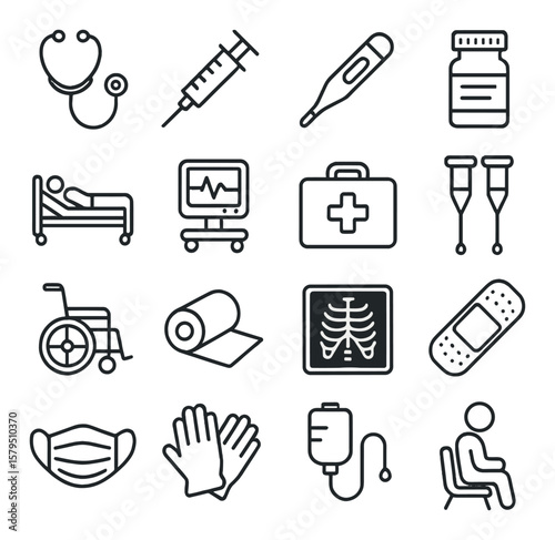 Medical equipment collection, healthcare and hospital icons. clinic supplies set