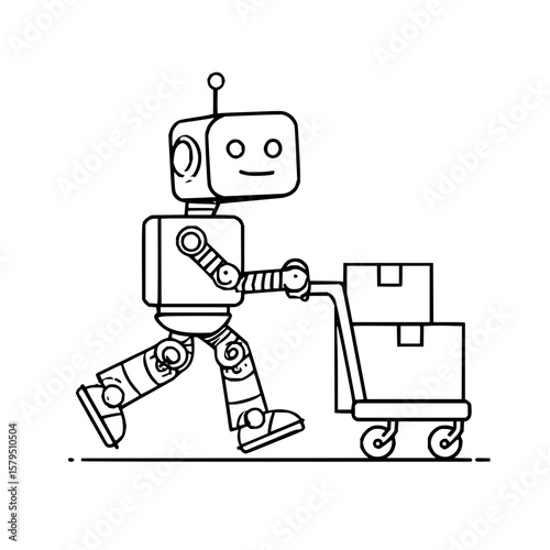 Line drawing of a robot with a square head and antenna pushing a cart with boxes in a simple black outline