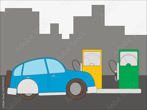 Car at Gas Station with City Background Vector