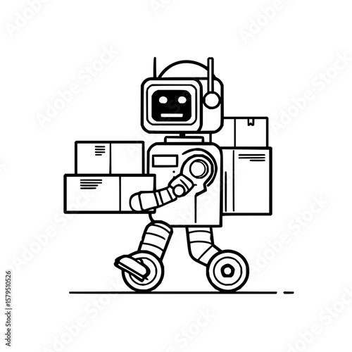 Illustration of a robot carrying boxes with a screen face and wheel feet in black and white style