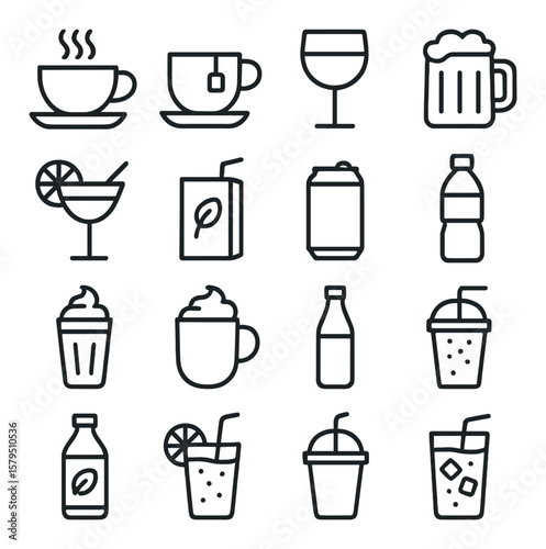 Beverage icon collection: drink symbols, refreshing beverages set for digital designs