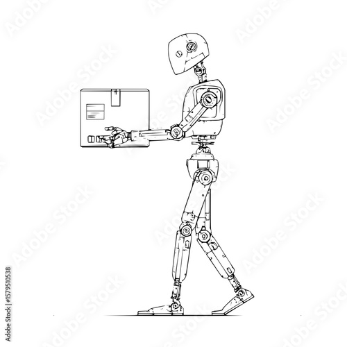 Illustration of a slender robot carrying a rectangular box with both hands in a side profile view