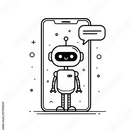 Illustration of a robot character standing in front of a smartphone with a speech bubble on the screen