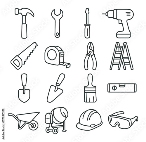 Construction tool collection, building and repair icons. handy equipment set