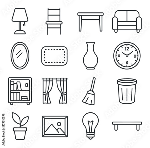 Household icon collection, home essentials. domestic furniture and decor symbol set