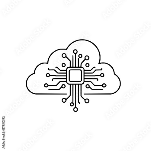 Illustration of a cloud shape with a central processing unit integrated inside in black and white style