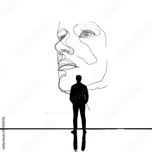 Silhouette of a man standing before a large line drawing of a face with reflection on the floor