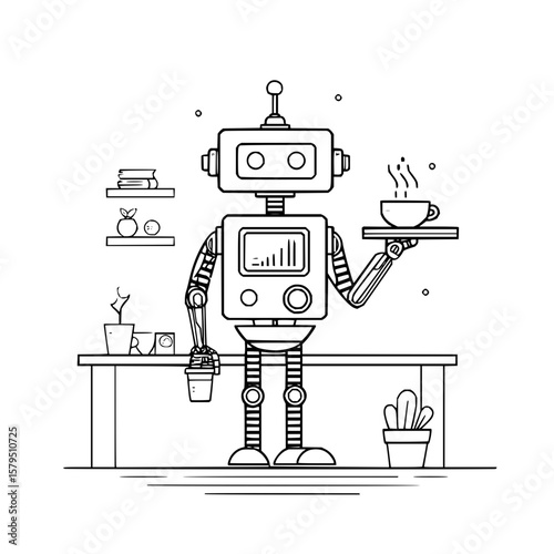 Line drawing of a robot holding a tray with a cup of coffee and a small plant on a desk with other objects