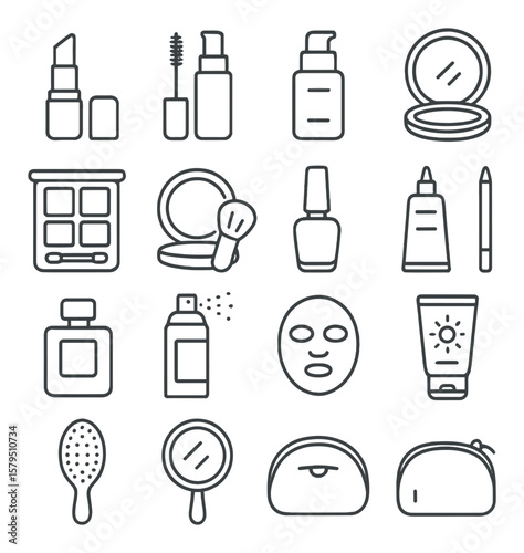 Beauty product collection, essential cosmetic symbols. skincare and makeup icon set