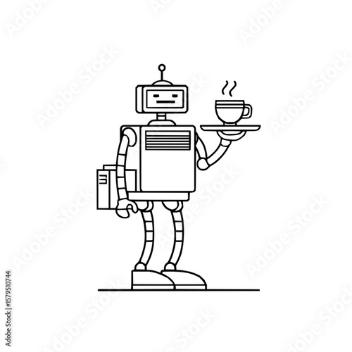 Robot waiter serving coffee on a tray with a briefcase in hand in a minimalist line art style design