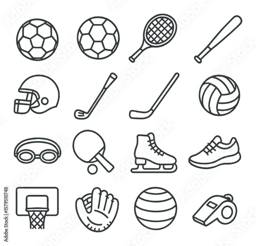 Sports equipment collection, athletic gear icons. fitness and exercise set