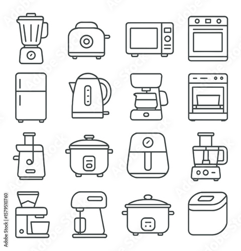 Kitchen appliance collection, home and cooking equipment icons. essential kitchen tools
