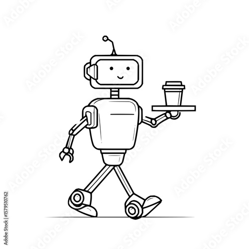 Robot waiter carrying a coffee cup on a tray with a smiling face and antenna in a line art drawing style