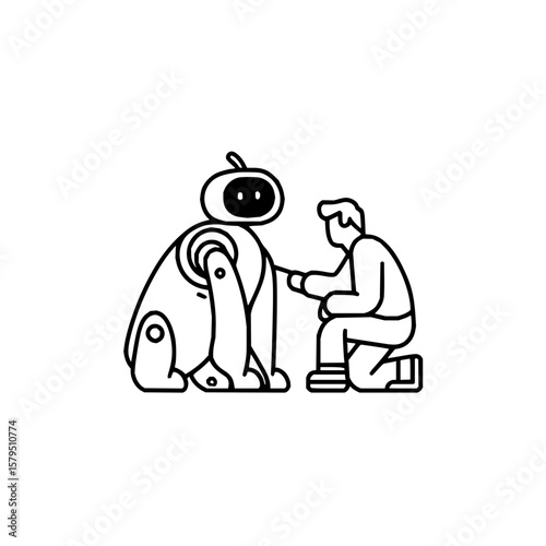 A man kneels to interact with a robot dog in a simple black and white line drawing illustration style