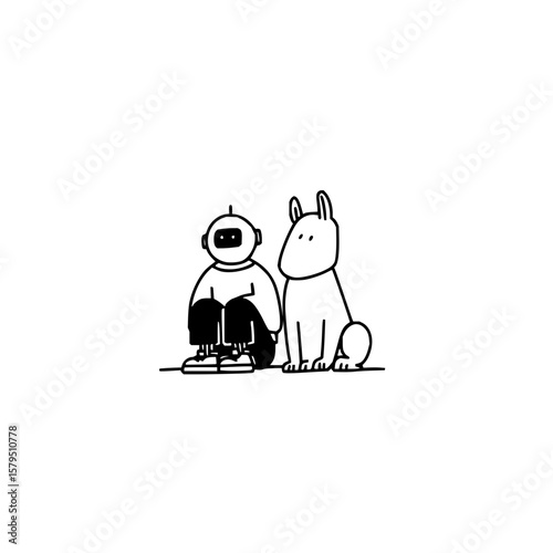 A minimalist illustration of a robot sitting next to a dog with both looking forward in a simple scene
