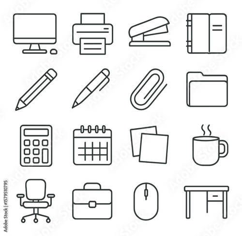 Office icons collection, essential workspace symbols. desk and productivity set