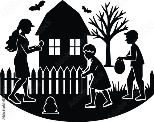 Egg Hunt in Backyard Silhouette | Children Searching Easter Eggs Silhouette