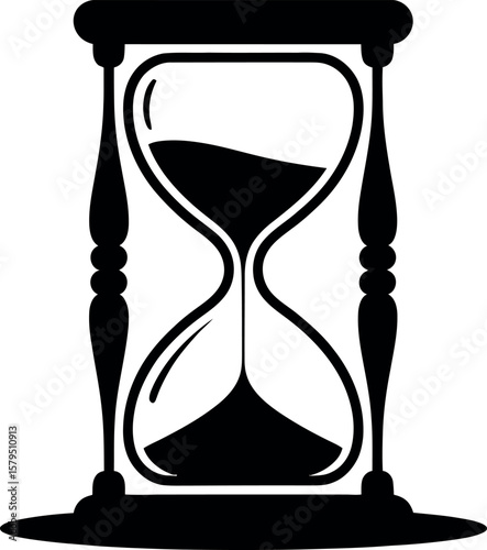 Black and white hourglass icon illustration symbolizing time passing deadlines or the fleeting nature of life and opportunities in a simple design