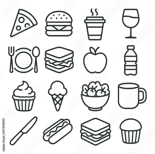 Food icons collection, culinary symbol set. dining, meal, and gourmet graphics