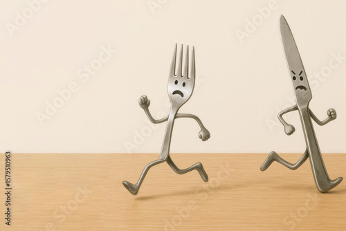 The fork runs away from the angry knife. Space for text.