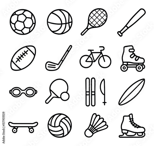 Sports equipment icon collection, athletic gear symbols. fitness and game tools set