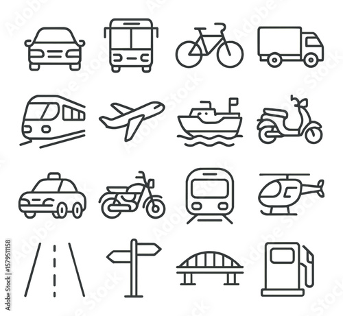 Transportation icon collection, vehicle symbols. travel, transit design set